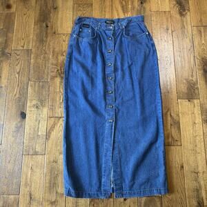 VTG 90s Y2K Denim Button Front Maxi Skirt Womens Size 16 Made in USA Karen Kane
